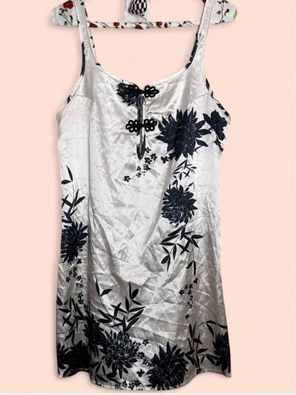 Vintage 90s Lingerie White Floral Mino Slip Dress with Black Blossom Print S/M
